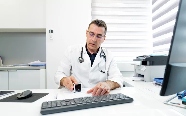 lekarz stawiający pieczątkę na dokumencie